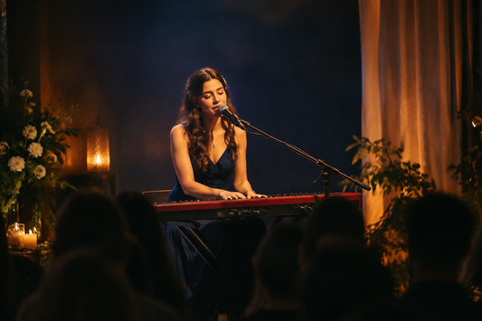 Singer performing at a keyboard on a warmly lit stage in front of a crowd