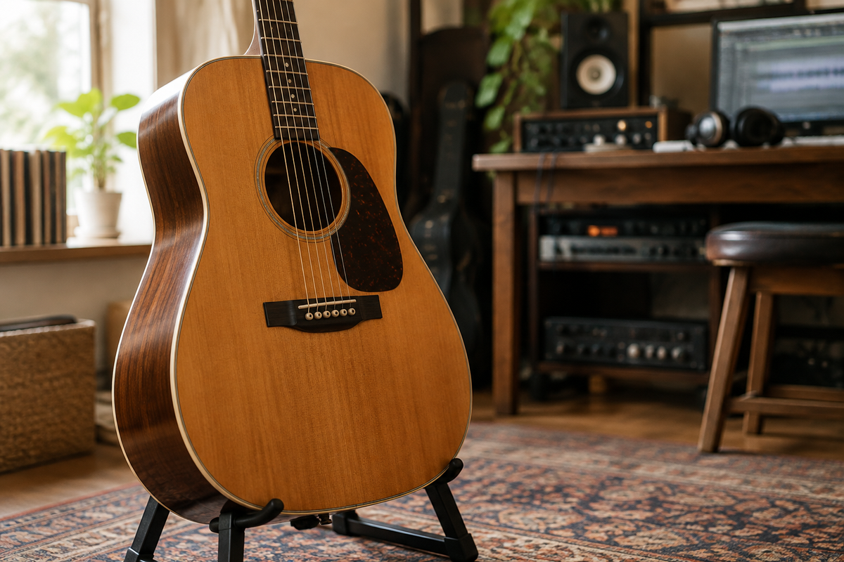 Acoustic guitar in a warmly lit music studio
